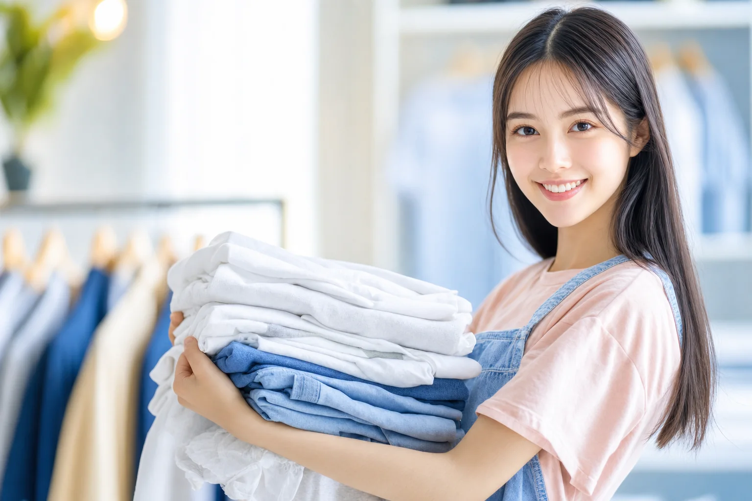 A stack of freshly folded laundry carried past the hanging rail