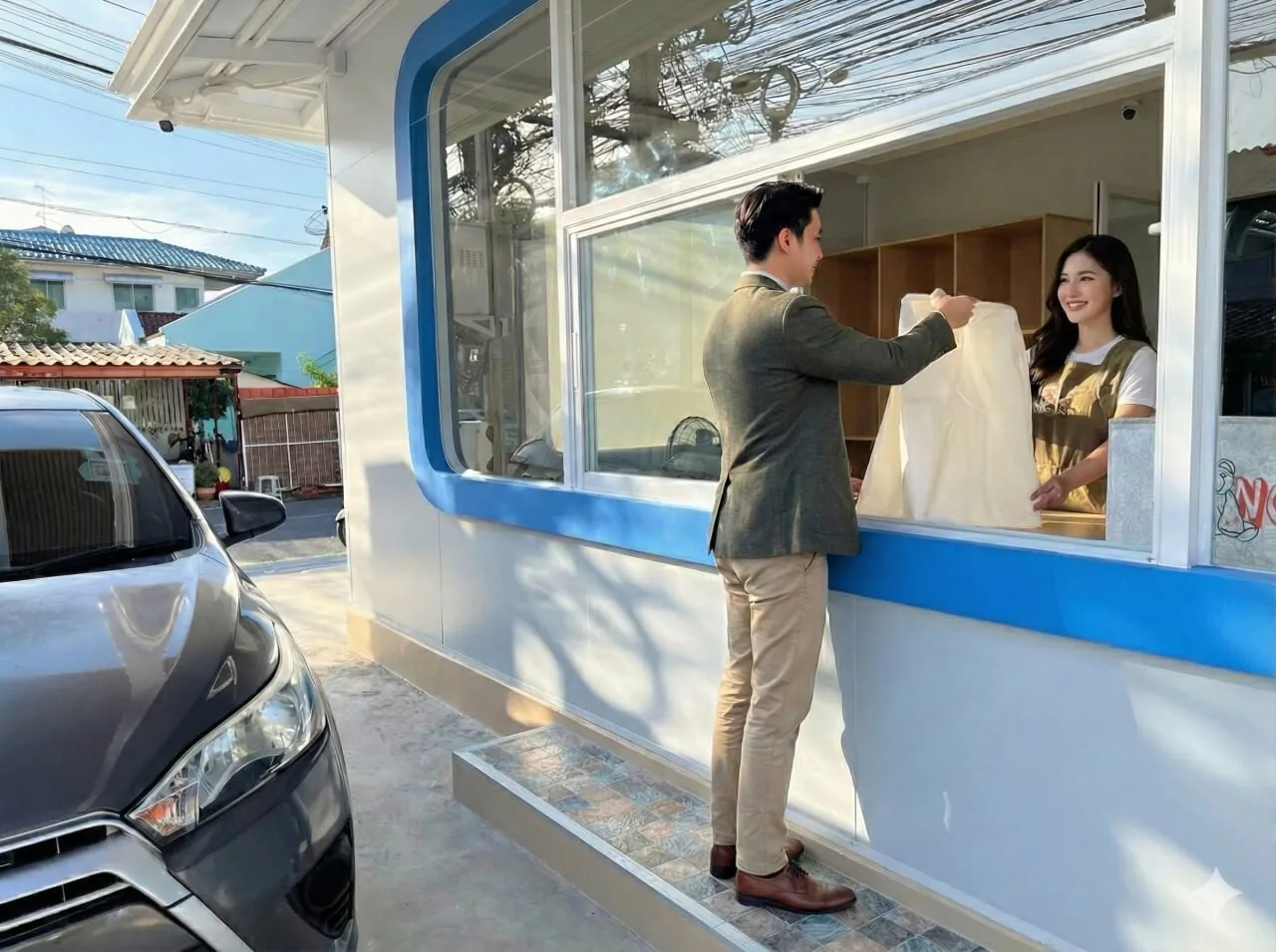 A customer handing a bag of laundry through the shop window to a member of staff