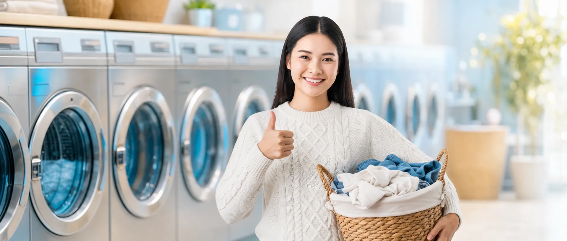 A guest holding a basket of clean laundry beside a row of washing machines