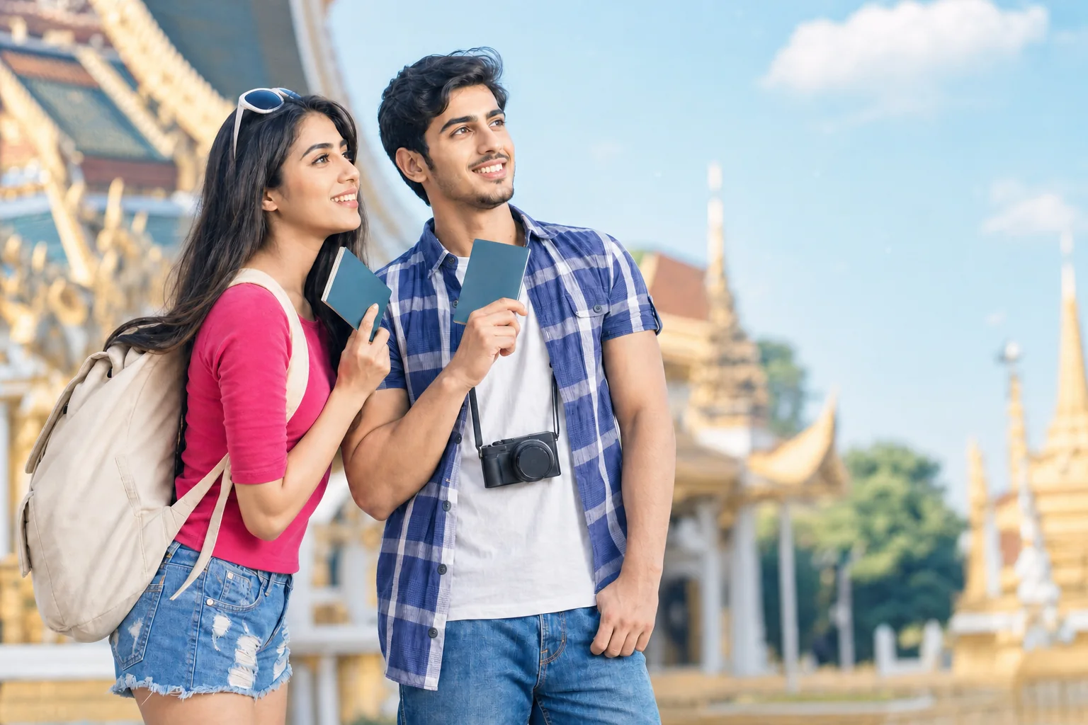 A couple sightseeing at a Bangkok temple, passports in hand