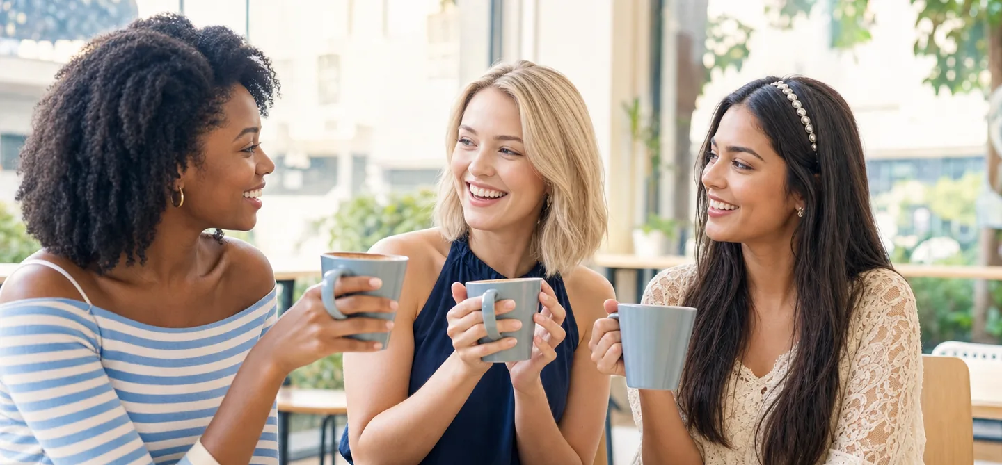 Three friends talking over coffee in Bangkok