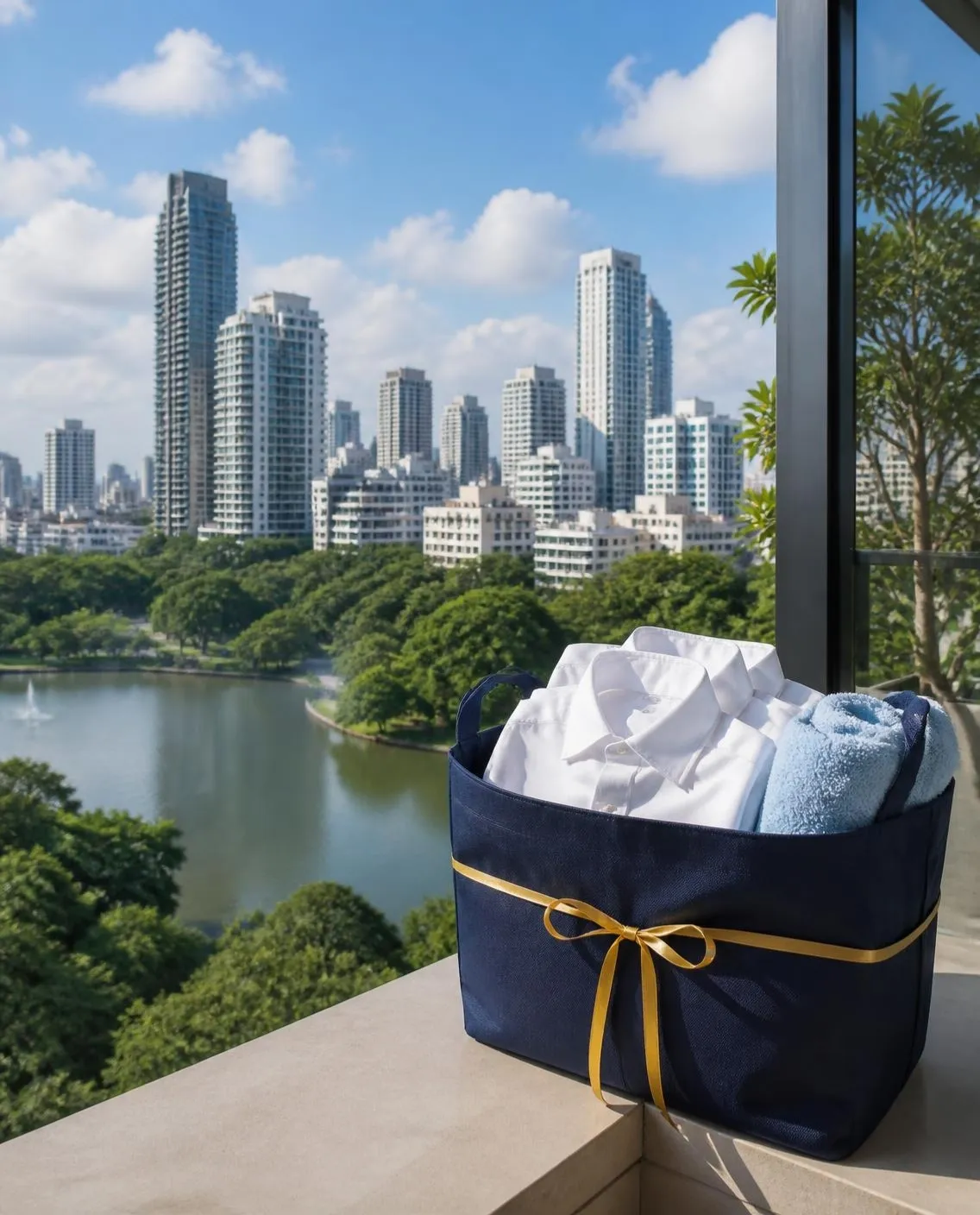 Illustration: Benchasiri Park and the Phrom Phong towers seen from a hotel balcony, with a navy GO Laundry bag of folded shirts on the ledge