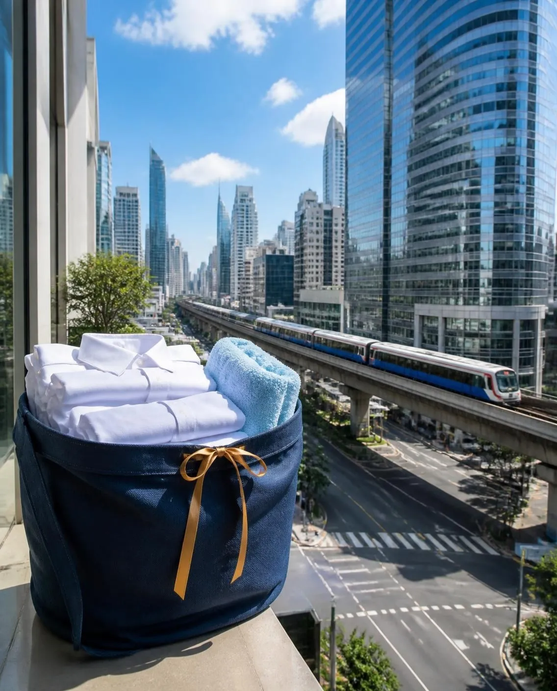 Illustration: the BTS Skytrain crossing Asok on Sukhumvit Road, seen from a hotel balcony with a navy GO Laundry bag of folded shirts on the ledge